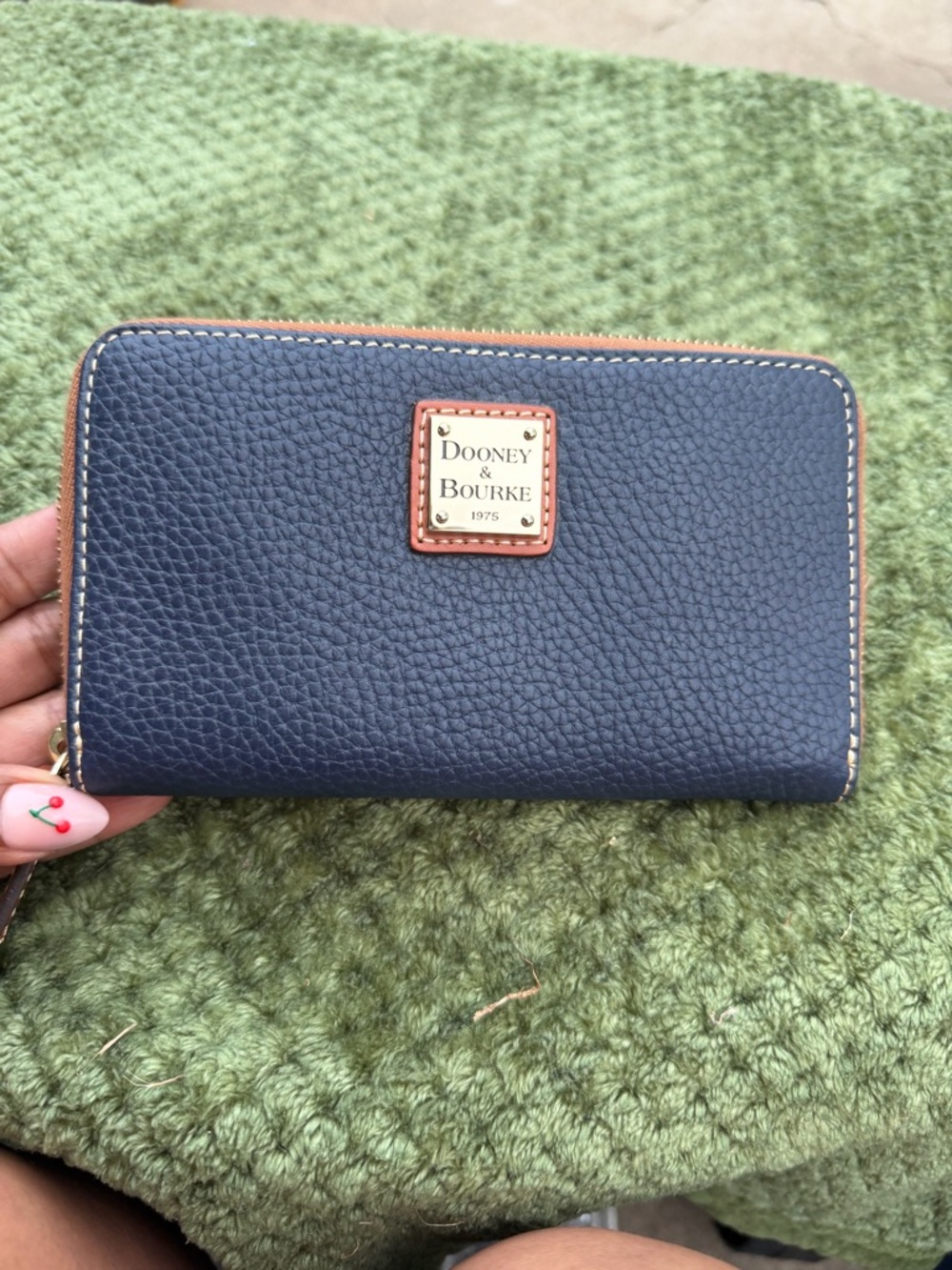 Dooney & Bourke Navy Pebble Leather Zip Wallet with Tan Trim